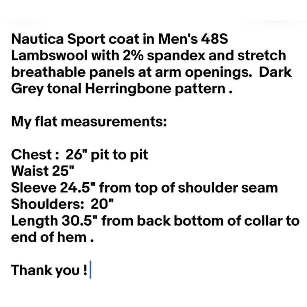 Nautica Sport coat Blazer Men 48S Lambswool Stretch Herringbone Dark Grey